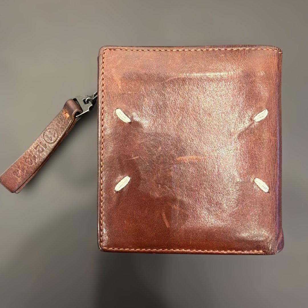 【Maison Margiela】レザー二つ折り財布 ブラウン ジッパー付き