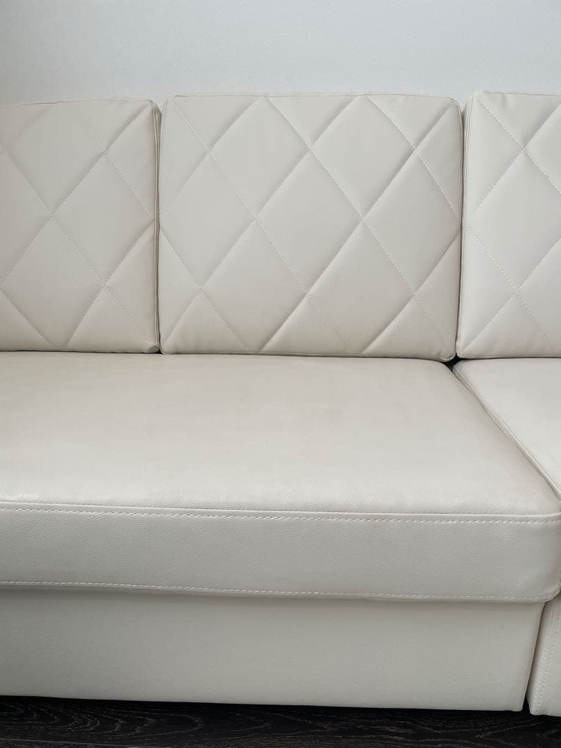 LOWYA 3人掛けカウチソファ クッション付き PVC生地 ホワイト(カウチ別