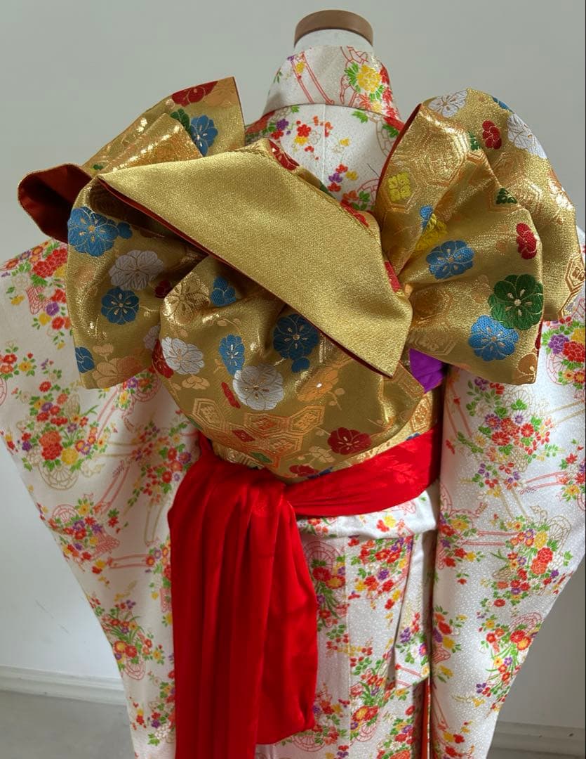 7歳　七五三　十三参り　身丈144 正絹着物　帯、帯揚げ、帯締め　しごき　セット