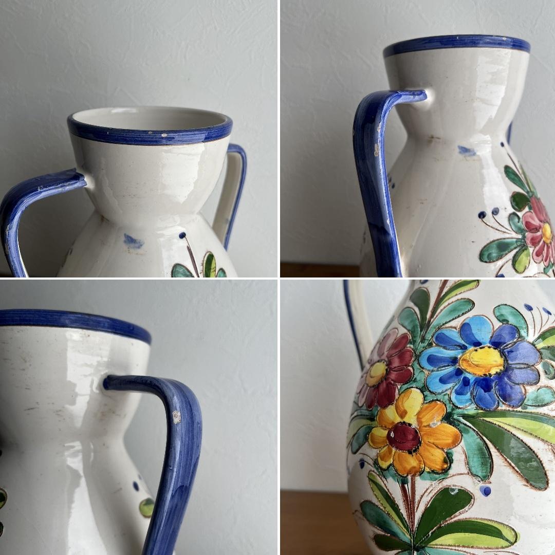 k238r124 イタリア製 手描きの花柄フラワーベース 水瓶 オブジェ