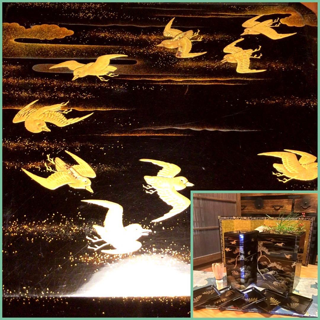 ❣️特別出品 輪島塗 肉合研出蒔絵　波に千鳥図 銀散し　野弁当 重箱