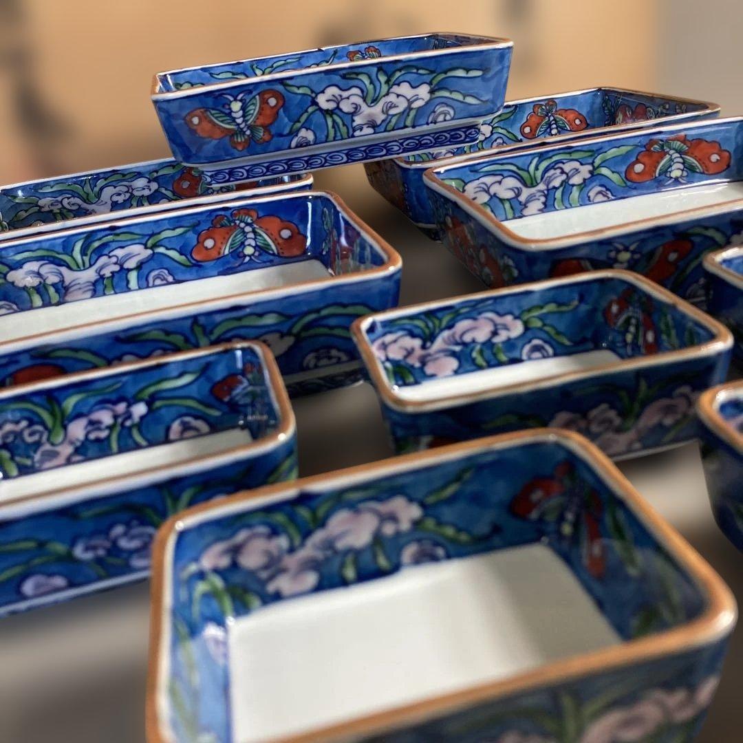 【源右衛門】古伊万里の伝統　日本の名窯　舘林源右衛門作　染錦古代花蝶図　角向付揃