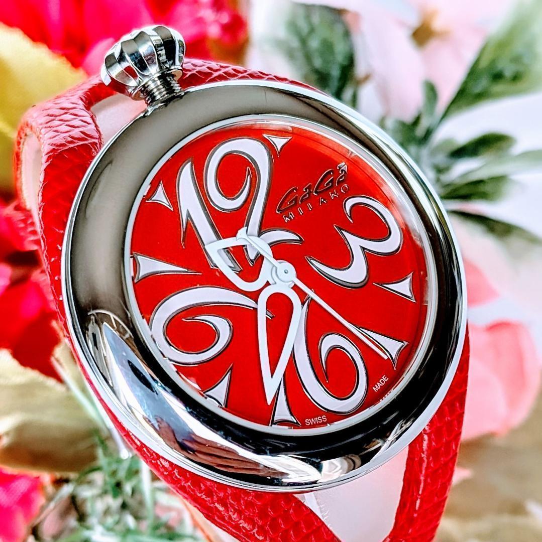 美品 ガガミラノ レディース腕時計フラット42 6070赤レッド箱付きイタリア