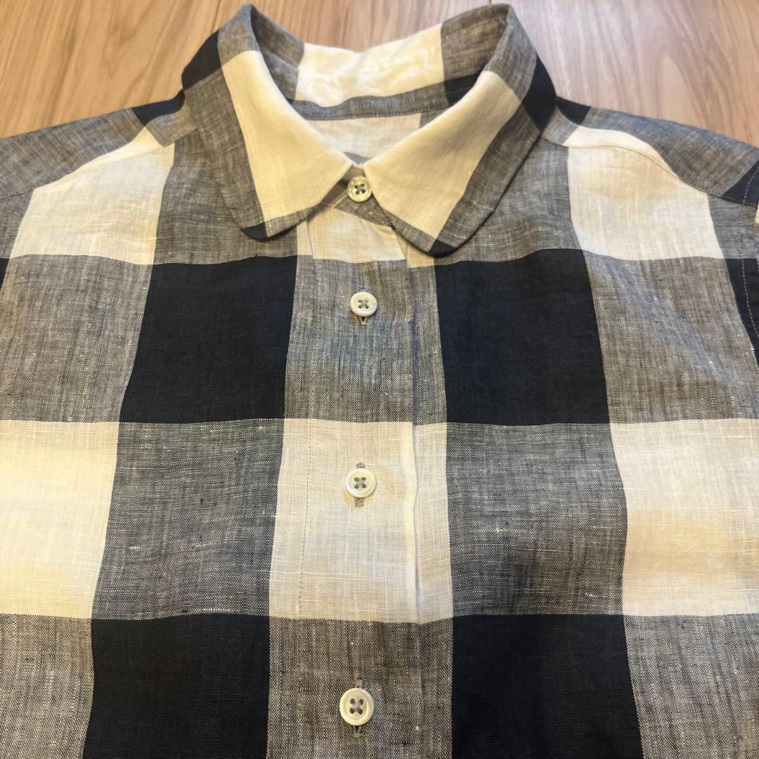 【美品】マーガレットハウエル チェックリネン半袖シャツ サイズ１ネイビー 丸襟