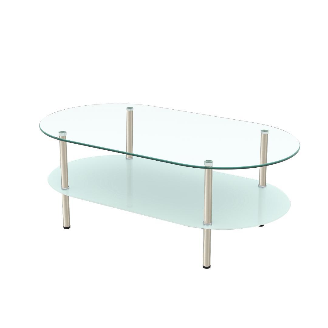【クリア】二段オーバルコーヒーテーブル 強化ガラス天板+MDF収納棚