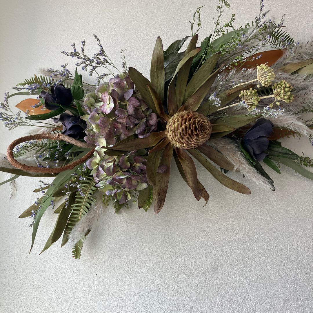 43㎝　リューカデンドロンとアンティーク紫陽花の横長ガーランド