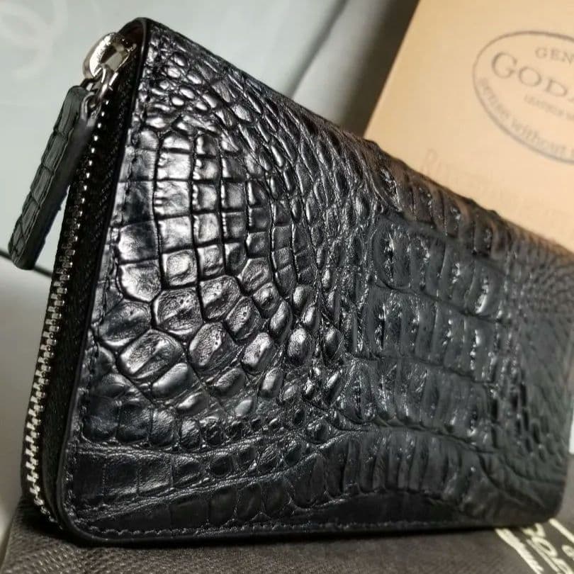 鰐本物⭐クロコダイル本革⭐ラウンドファスナー長財布⭐人気のマットブラック