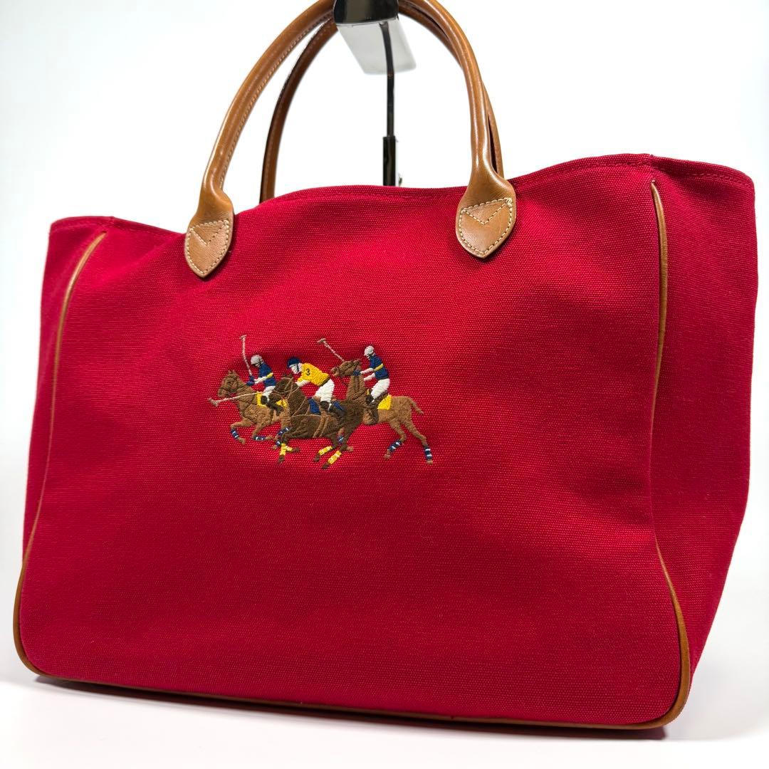 【極美品】【希少】ラルフローレン　トートバッグ　キャンバス　ビッグポニー　レッド