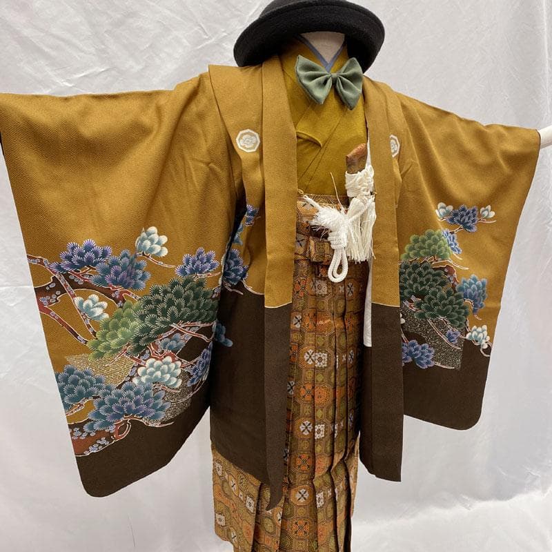 509ab46◎七五三 五歳 男児 着物&羽織&袴&角帯&長襦袢 鷹松 茶系◎