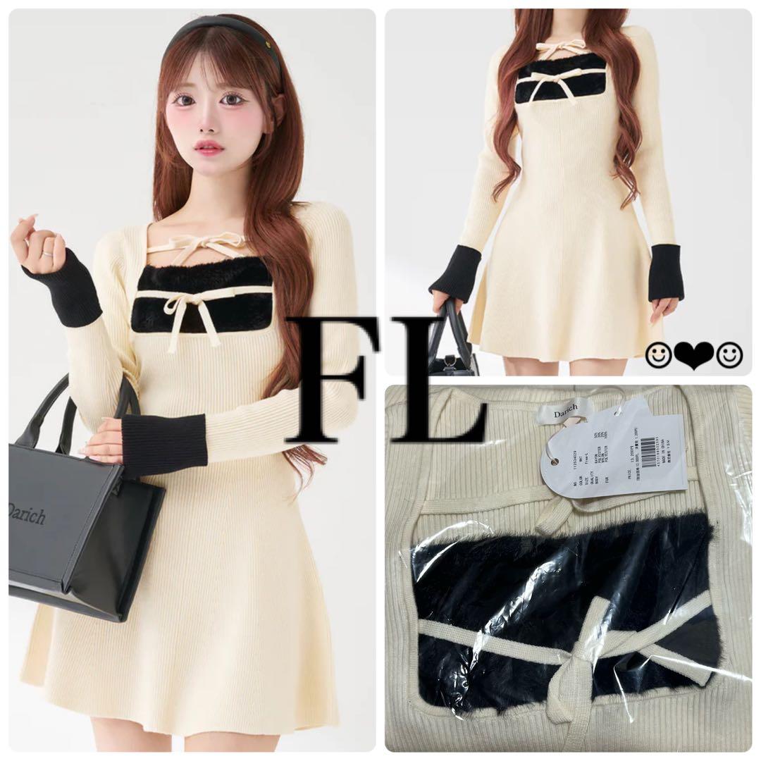 Darich♡リボンファーフレアニットミニワンピース♡ホワイト♡FL