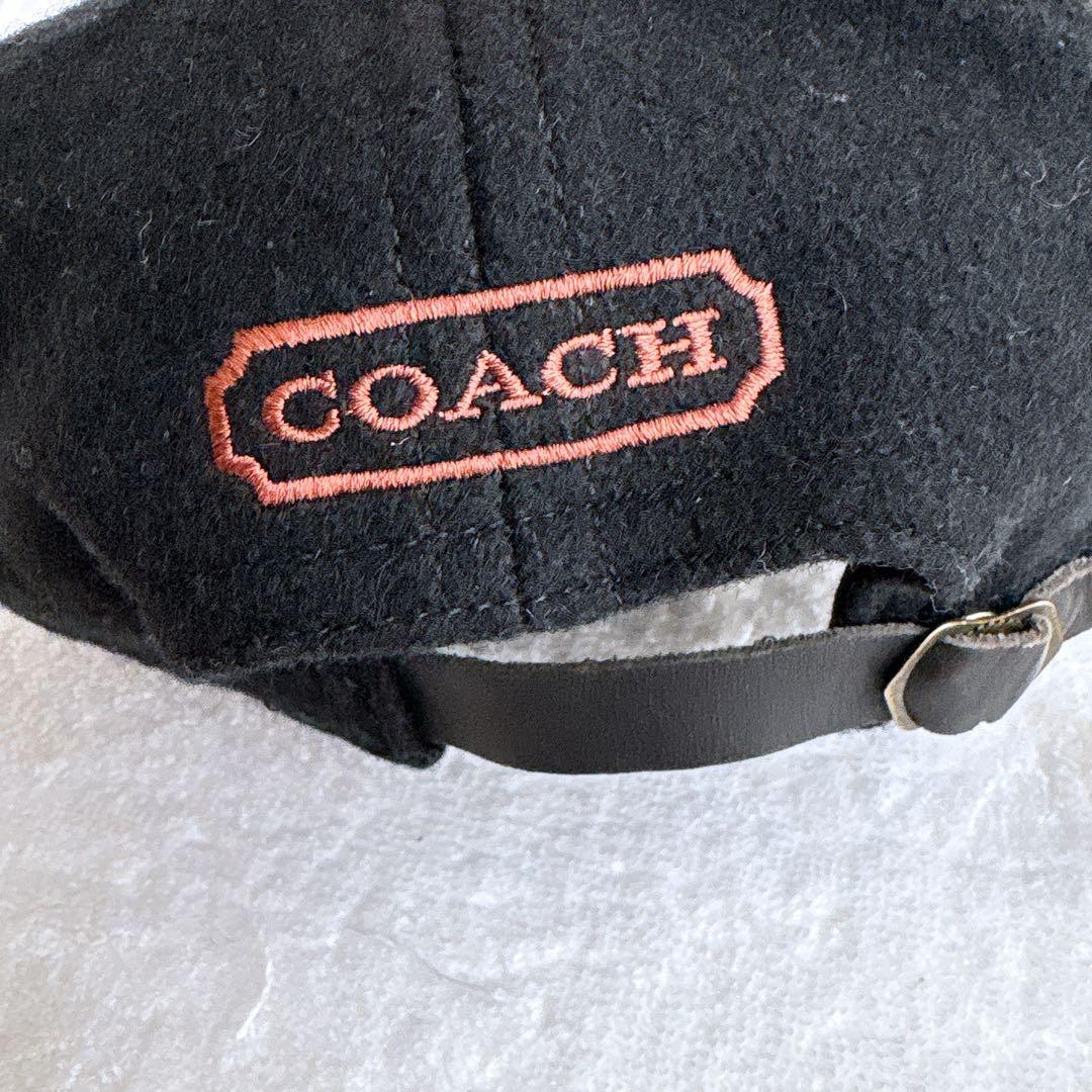 【USA製】COACH コーチ ウール×レザー キャップ ブラック 刺繍ロゴ入り