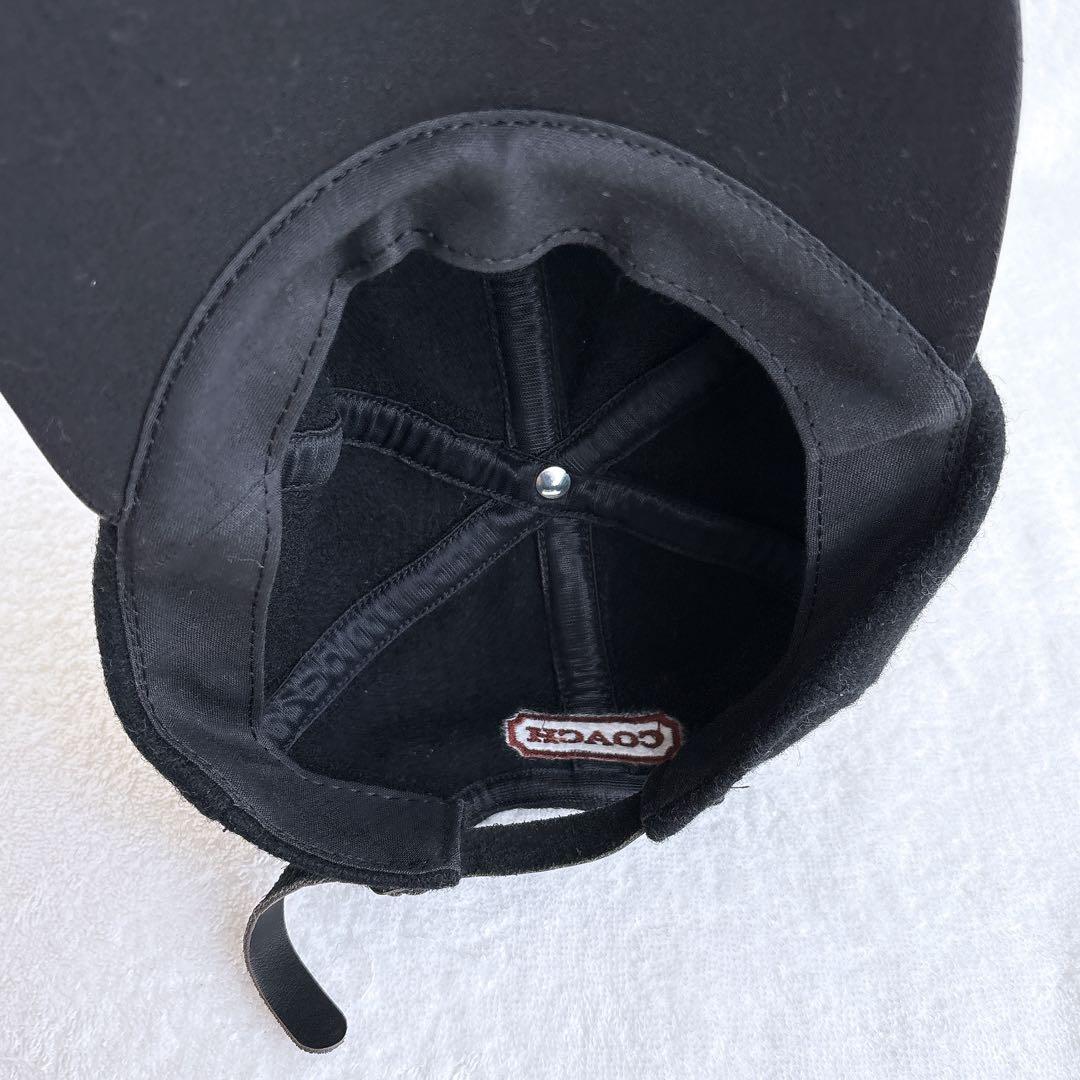 【USA製】COACH コーチ ウール×レザー キャップ ブラック 刺繍ロゴ入り
