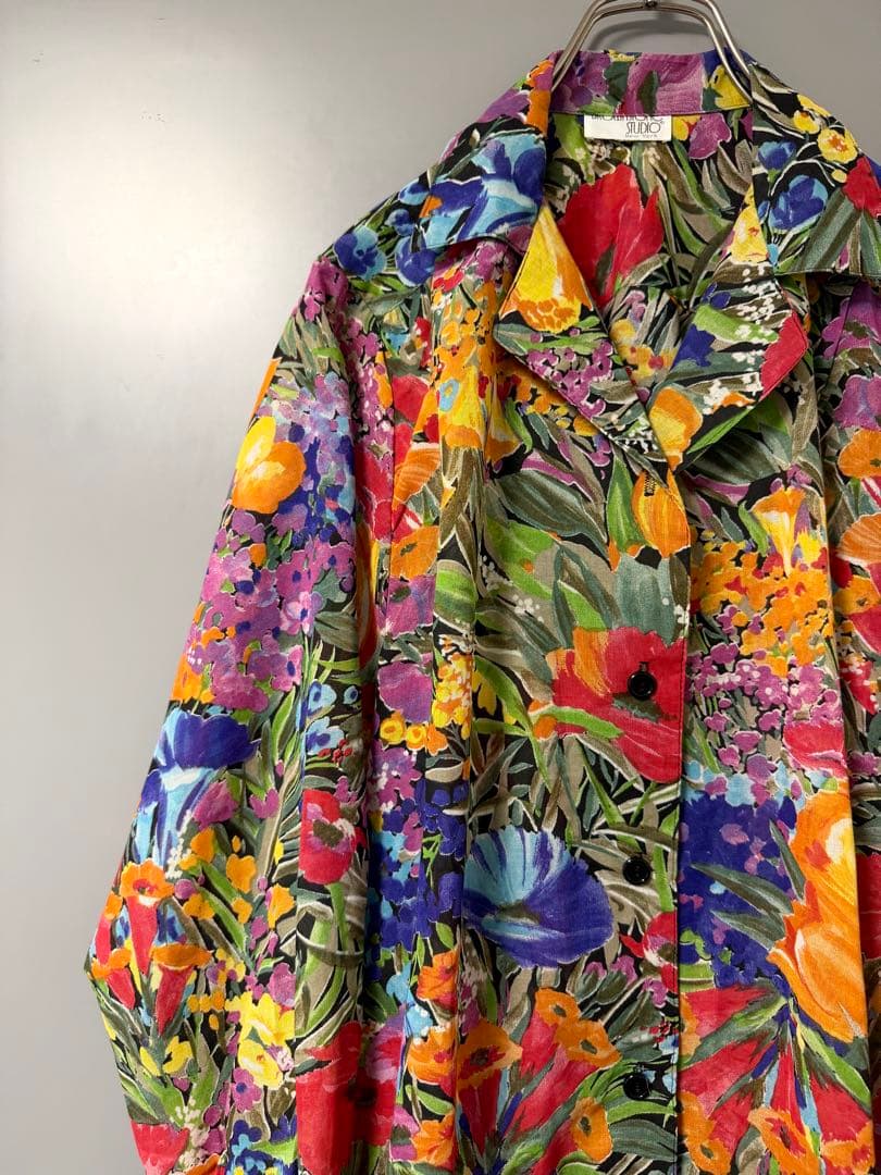 ヴィンテージ 花柄 総柄シャツ 開襟 アート マルチカラー USA古着