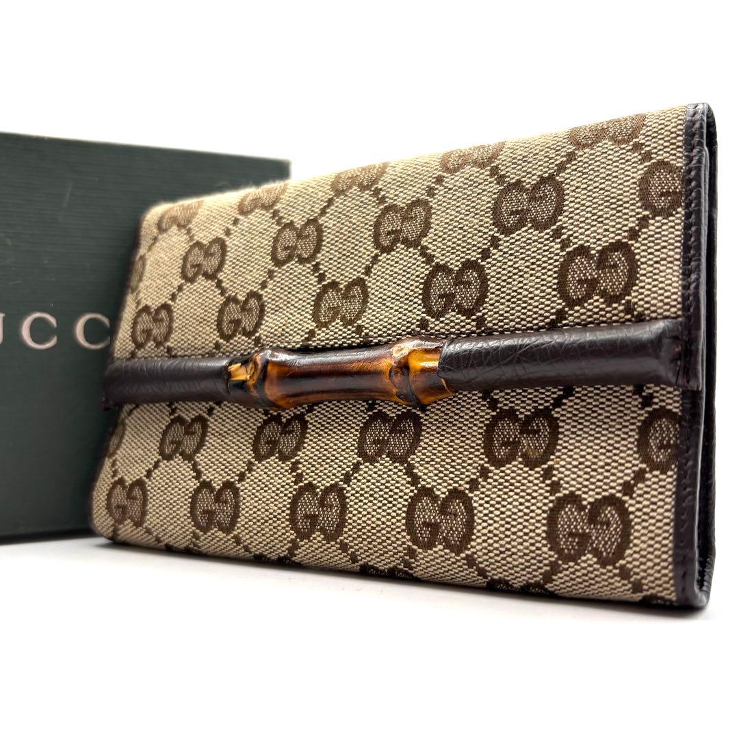 グッチ 3つ折り財布 バンブー GGキャンバス 長財布 レザー 箱