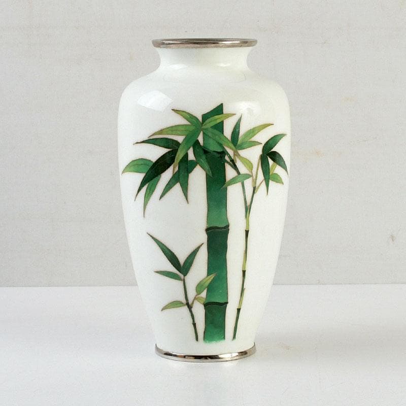 七宝焼　白地竹文　花瓶　時代箱　V　9506