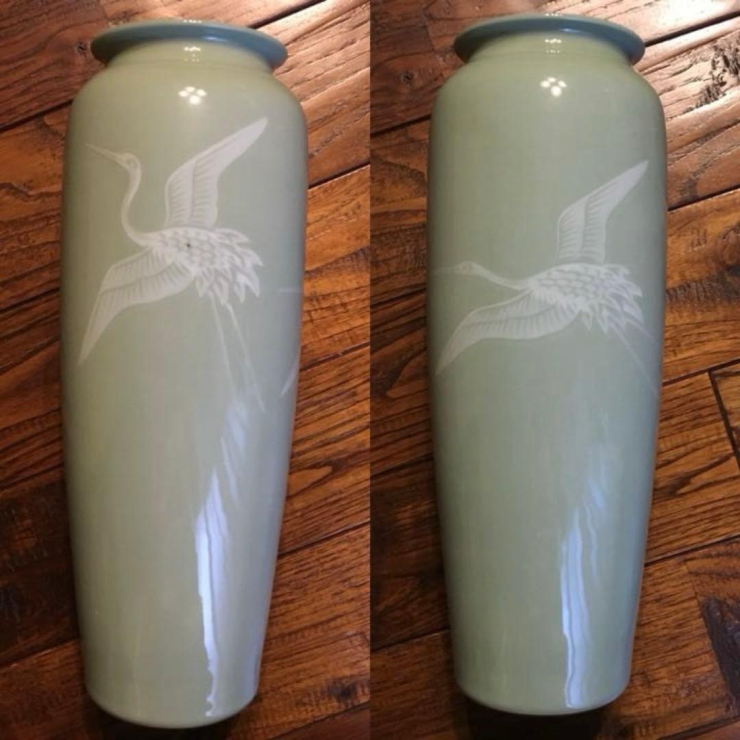 経年70年以上 清水焼 青磁 『鶴』花瓶 花器 花入 壺 飾り壺 時代物 骨董品