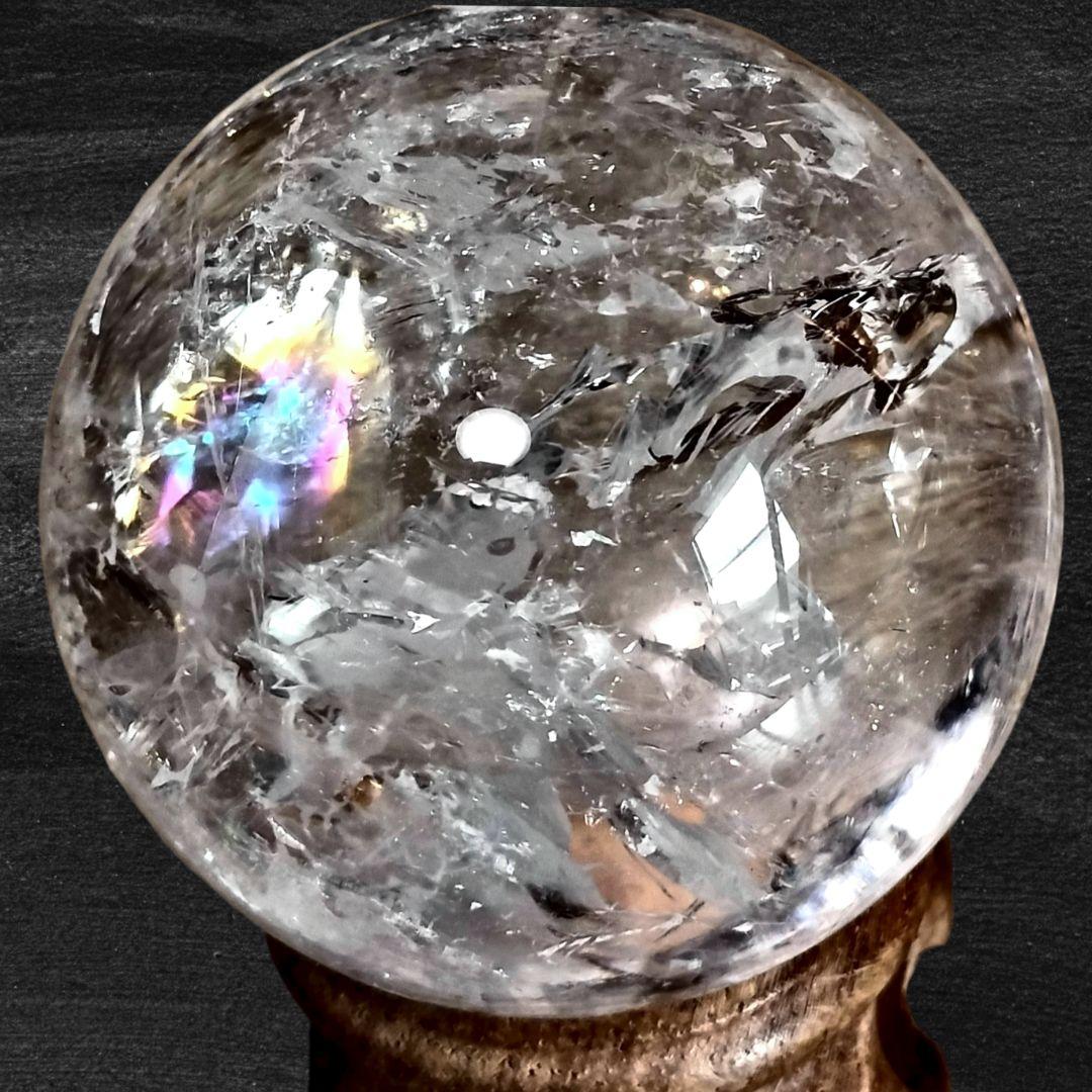 天然アイリスクォーツ スフィア 54mm 丸玉 ブラジル産 木製台座付 虹 透明