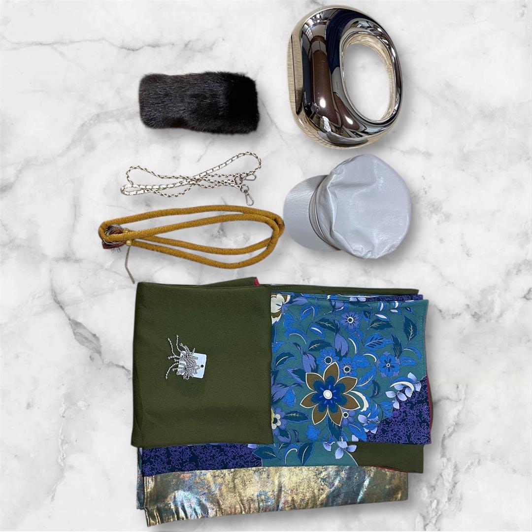 山本寛斎 グリーン 落款あり ファーショール付き 振袖 フルセット