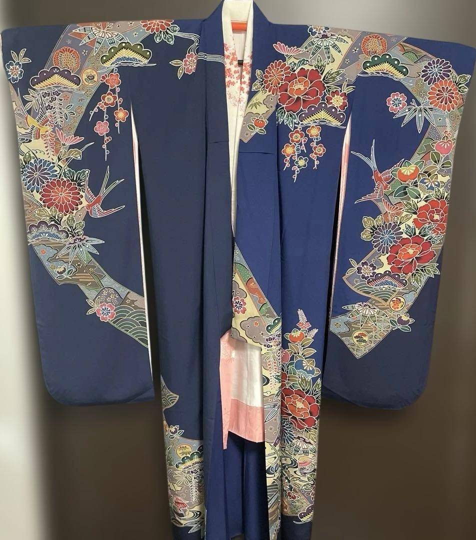 振袖と長襦袢セット　紅型　紺色　正絹　期間限定出品1/31まで