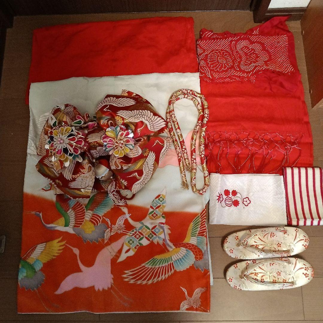 最終京染四つ身絵羽七五三アンティーク9点セット♡鶴柄♡刺繍♡地紋有ります。レトロ