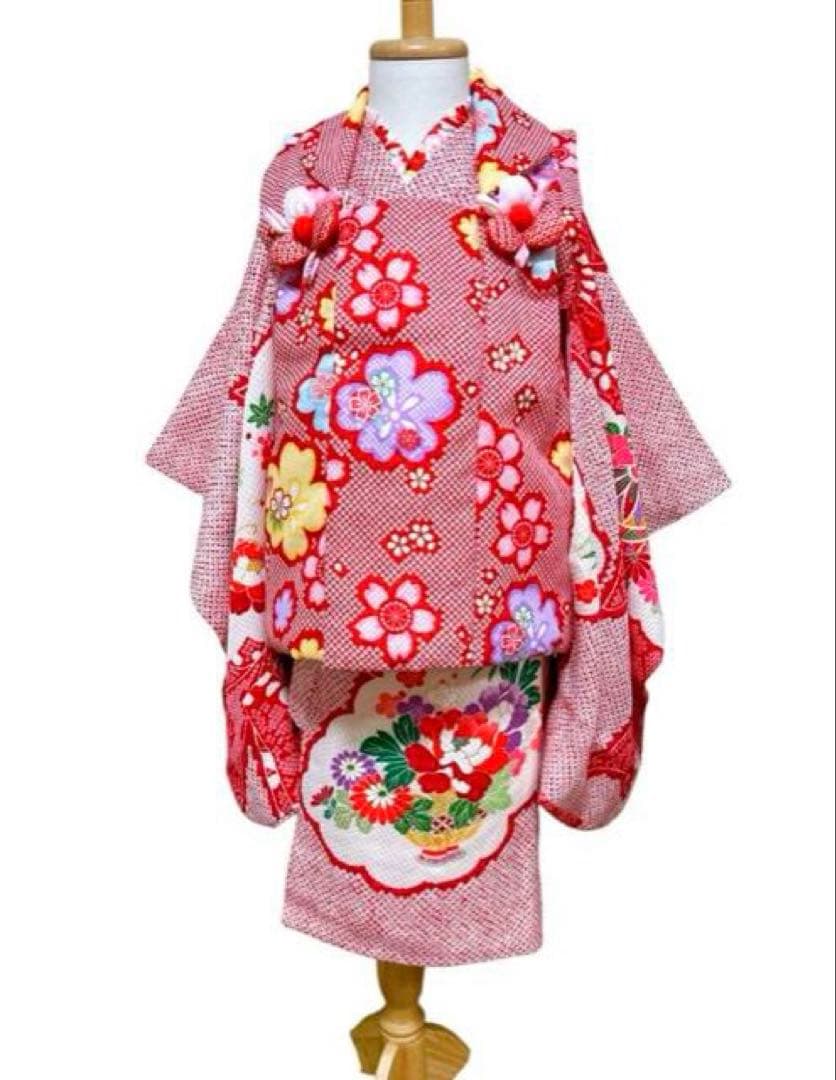 七五三　3歳　被布コートセット　鹿の子柄　絞り風