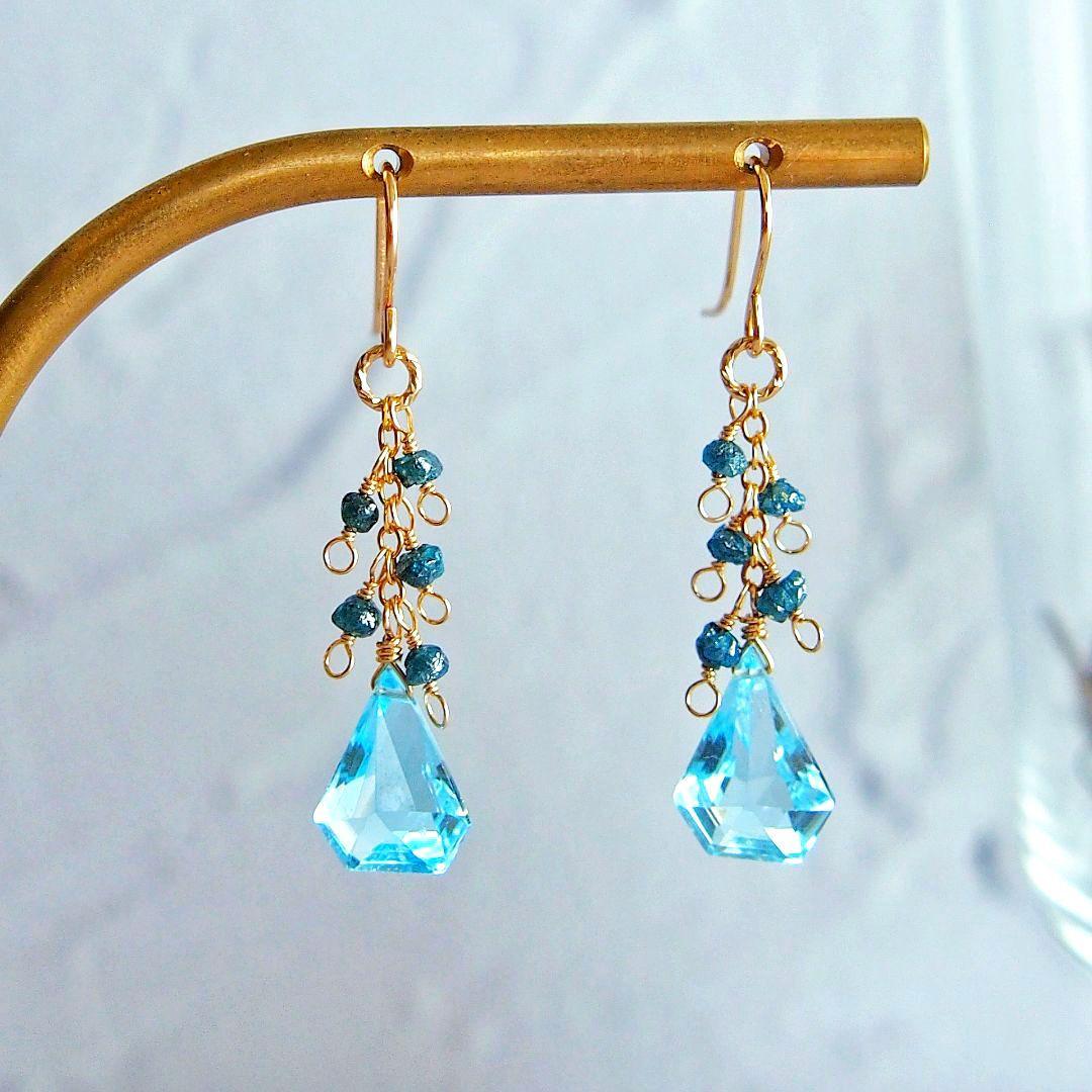 ◆ご予約品　宝石質✨ブルートパーズ　ブルーダイヤモンド　ピアス　14kgf