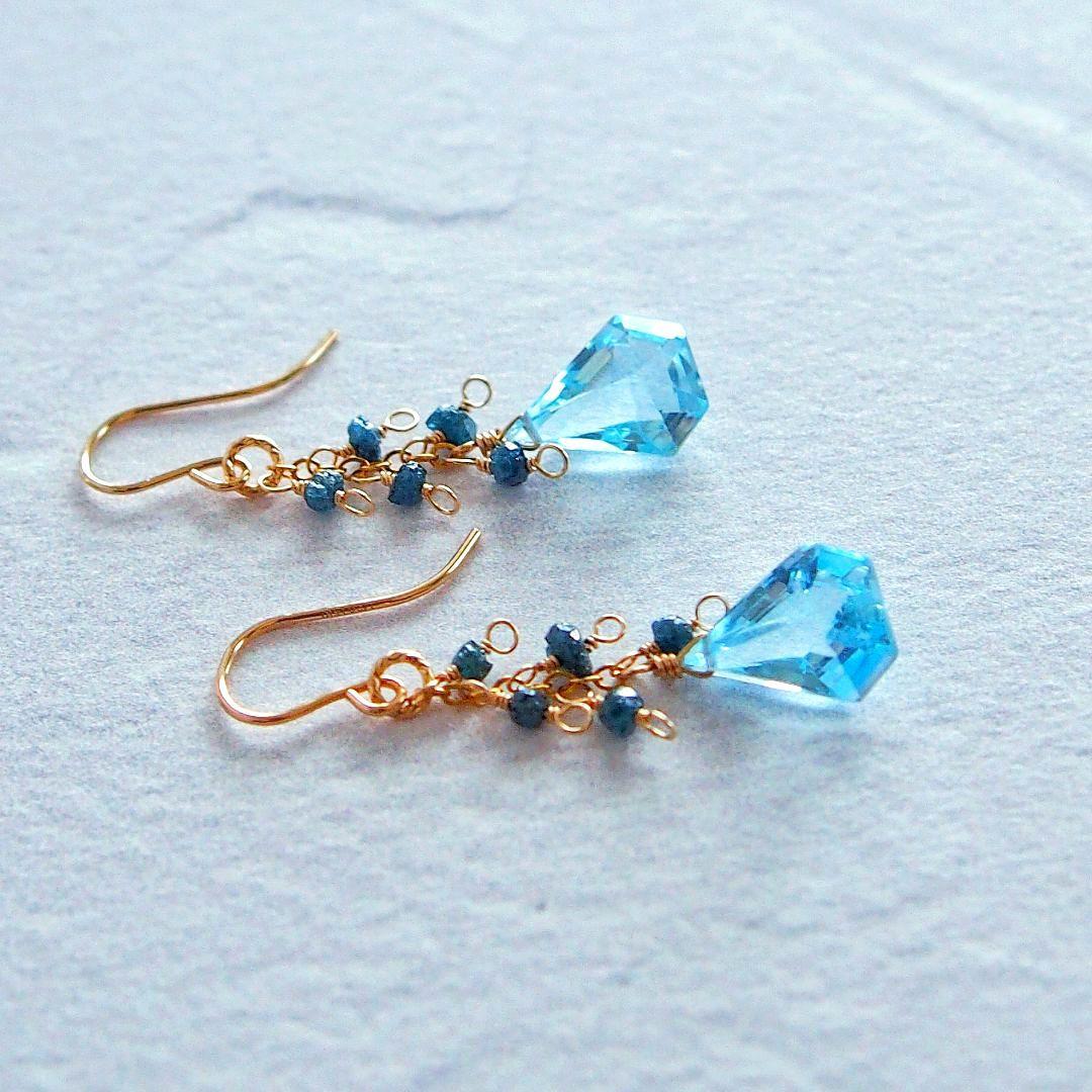 ◆ご予約品　宝石質✨ブルートパーズ　ブルーダイヤモンド　ピアス　14kgf