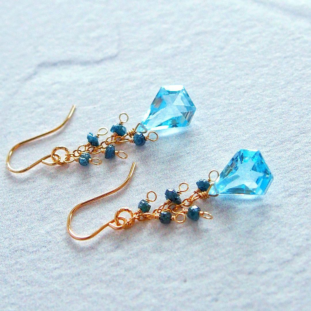 ◆ご予約品　宝石質✨ブルートパーズ　ブルーダイヤモンド　ピアス　14kgf