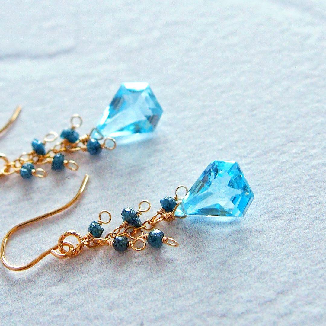 ◆ご予約品　宝石質✨ブルートパーズ　ブルーダイヤモンド　ピアス　14kgf