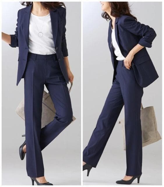 新品☆19号LL3L紺系ストライプ高機能ストレッチパンツスーツお仕事◯D366