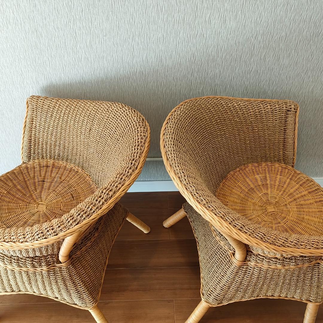 〈美品〉ラタン　テーブル・チェア2脚　3点セット　アームチェア