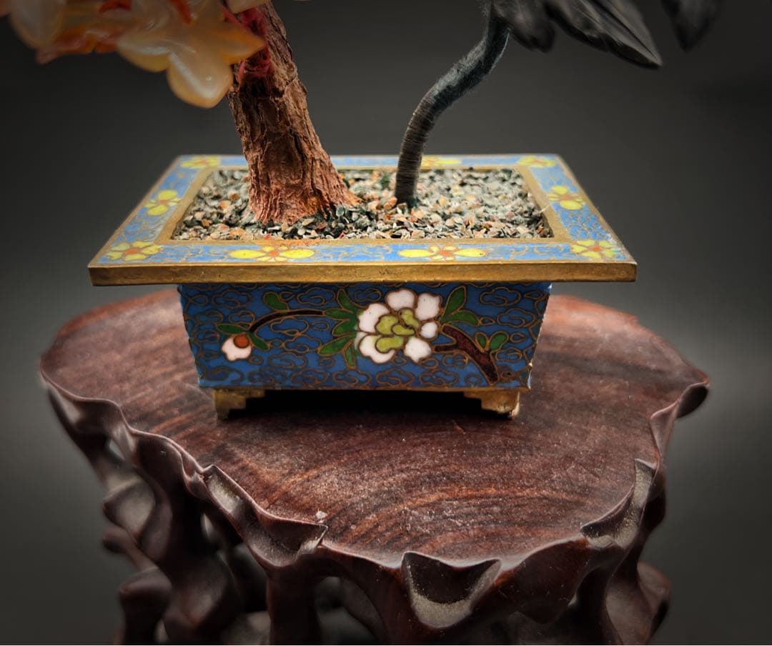 中国美術 古玩 七宝焼　玉石 瑪瑙 翡翠 彫刻 盆栽置物