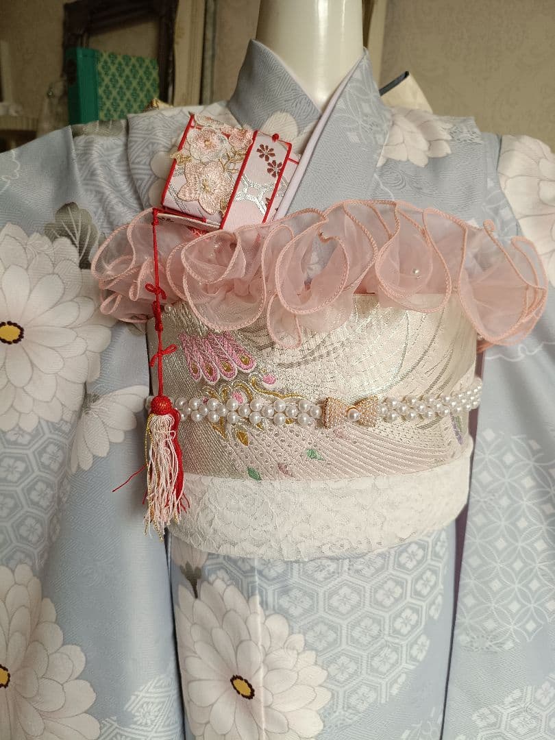 新品☆ブルーグレーの着物と作り帯☆七五三ハーフ成人式フルセット