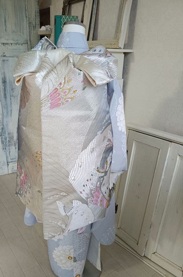 新品☆ブルーグレーの着物と作り帯☆七五三ハーフ成人式フルセット