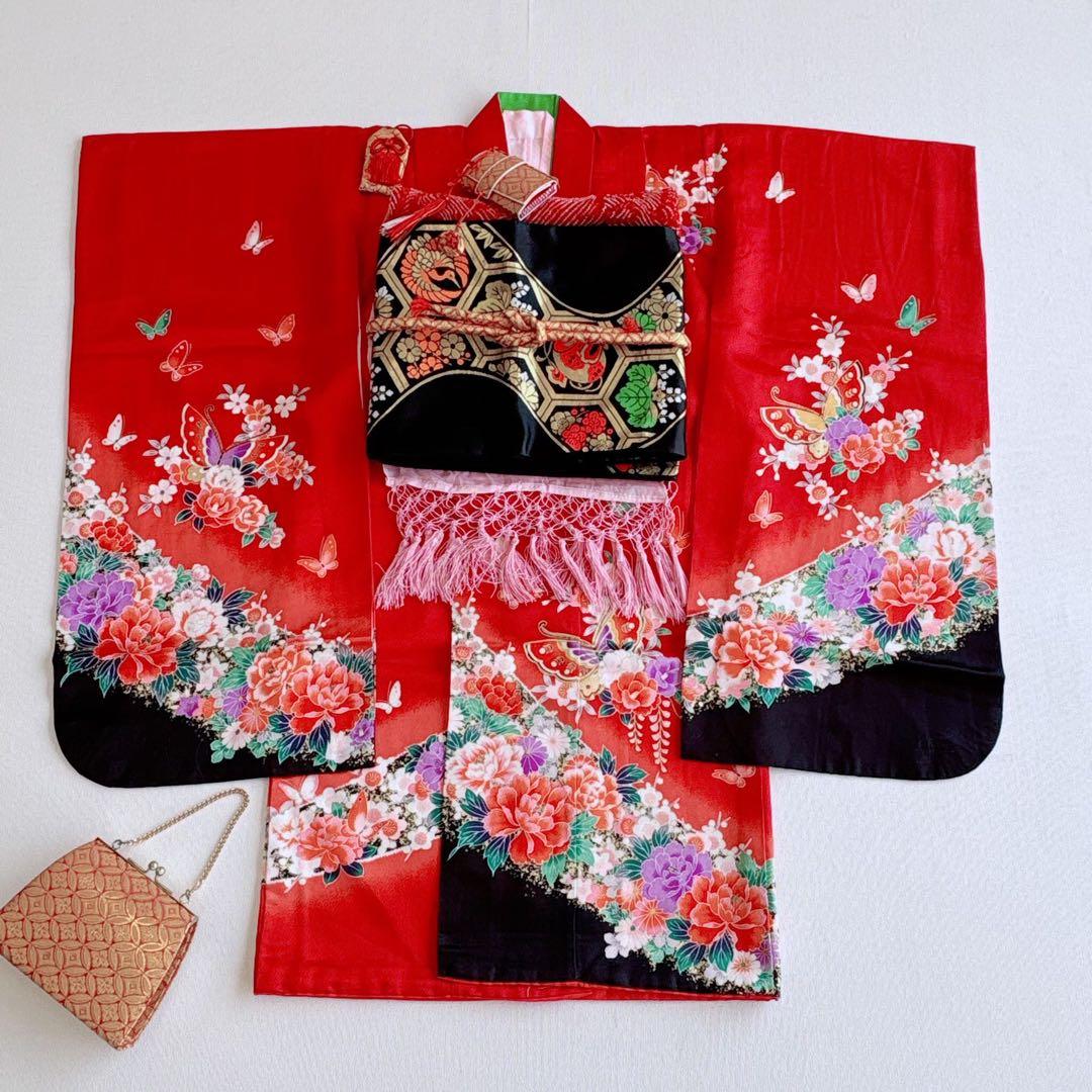 セット　七五三　７歳女の子　赤地　蝶牡丹　黒地袋帯亀甲鶴　袖なし長襦袢7099