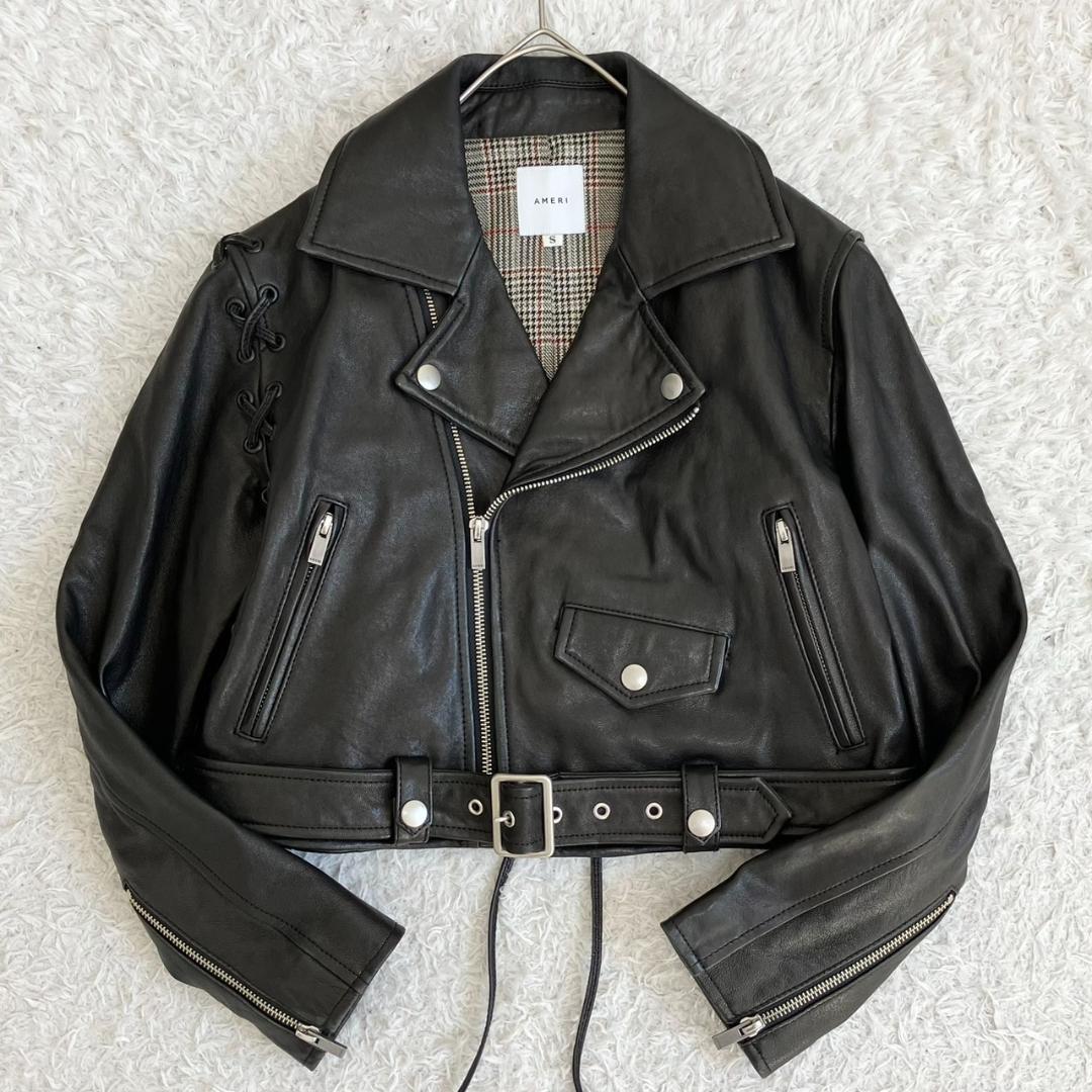 極美品✨アメリ レースアップライダースジャケット ラムレザー ブラック 黒 S