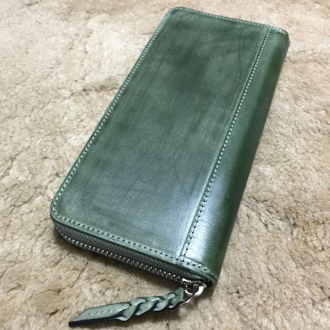 新作品 グリーン系　緑　ハンドメイド ブライドレザー ヌメ革本革 メンズ　長財布