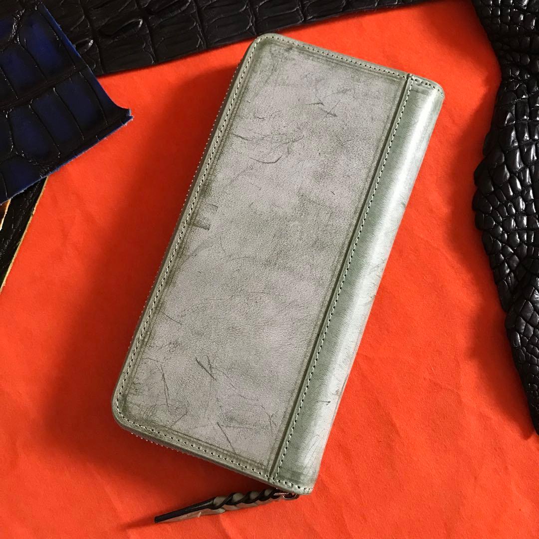 新作品 グリーン系　緑　ハンドメイド ブライドレザー ヌメ革本革 メンズ　長財布