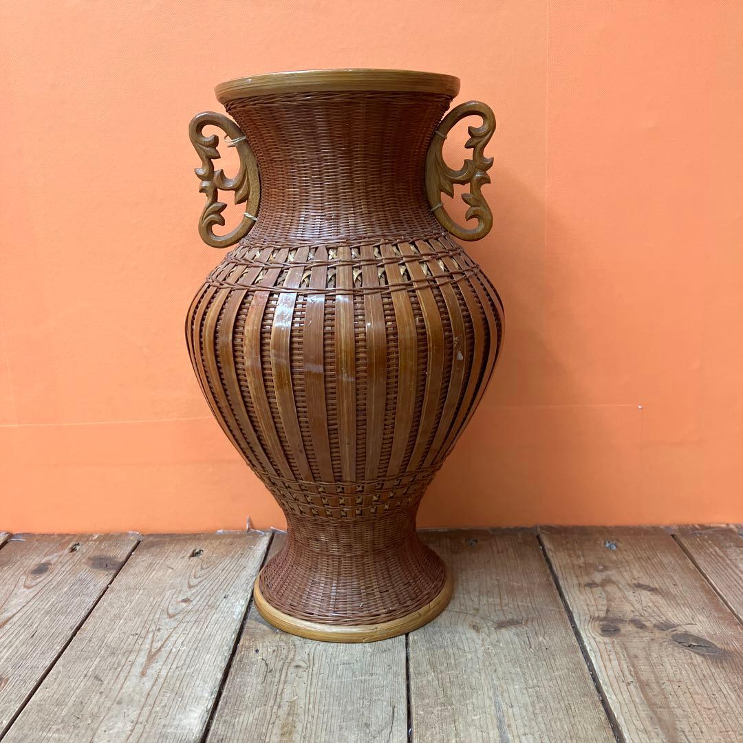 C-壁 竹編み 花瓶 花器 壺 中国美術 伝統工芸 浙江工芸品 網代編み バンブ
