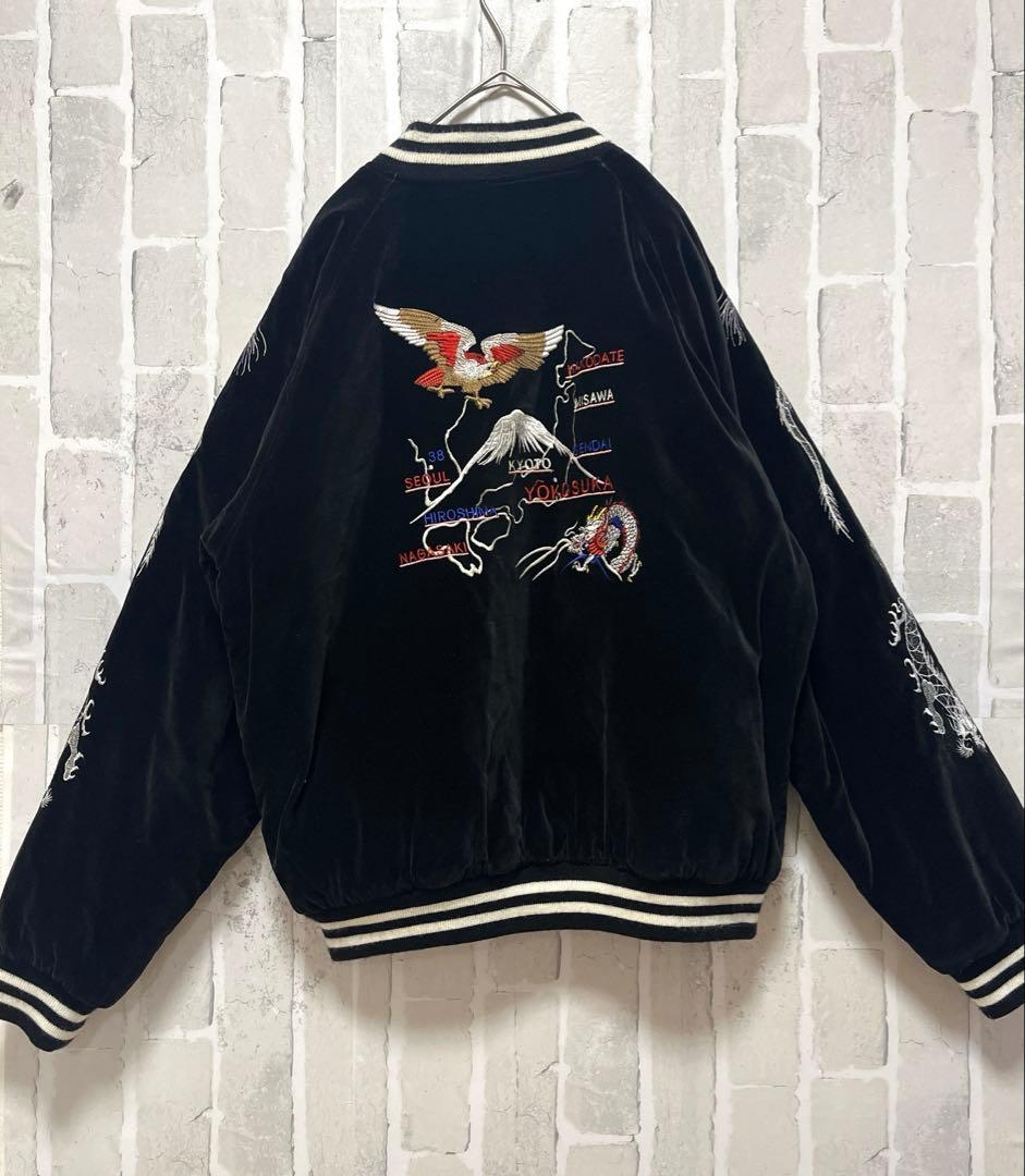THIRDROW スカジャン ベロア 別珍 ドラゴン 富士山 刺繍ロゴ L 短丈