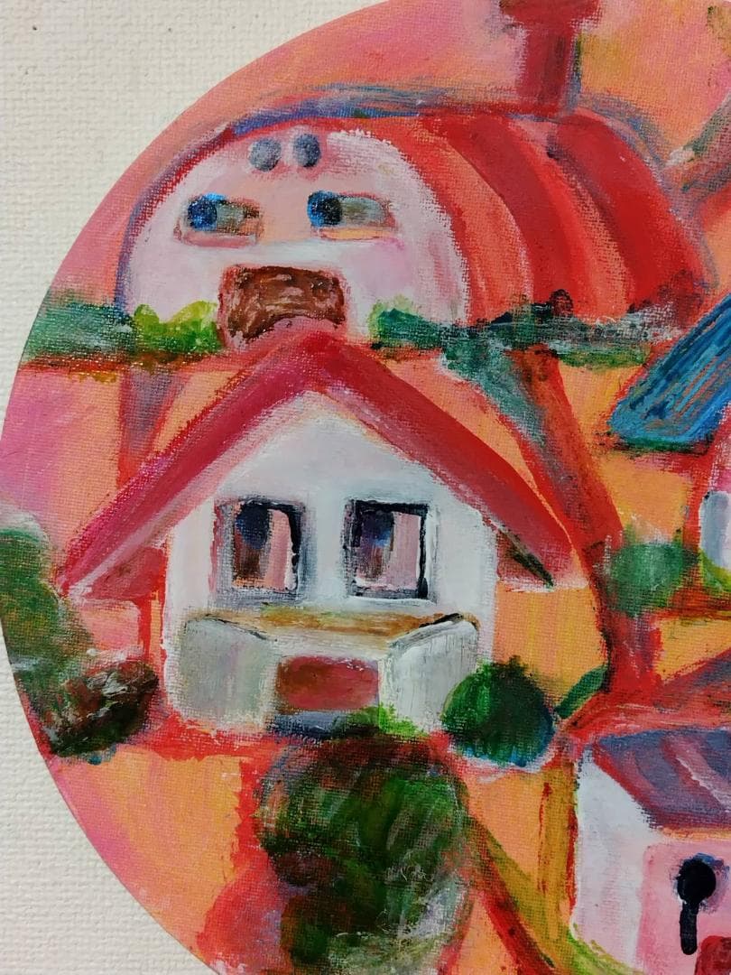 【値下 さまざまな家達】手書き アクリル画 丸形 高さ300m幅300mm