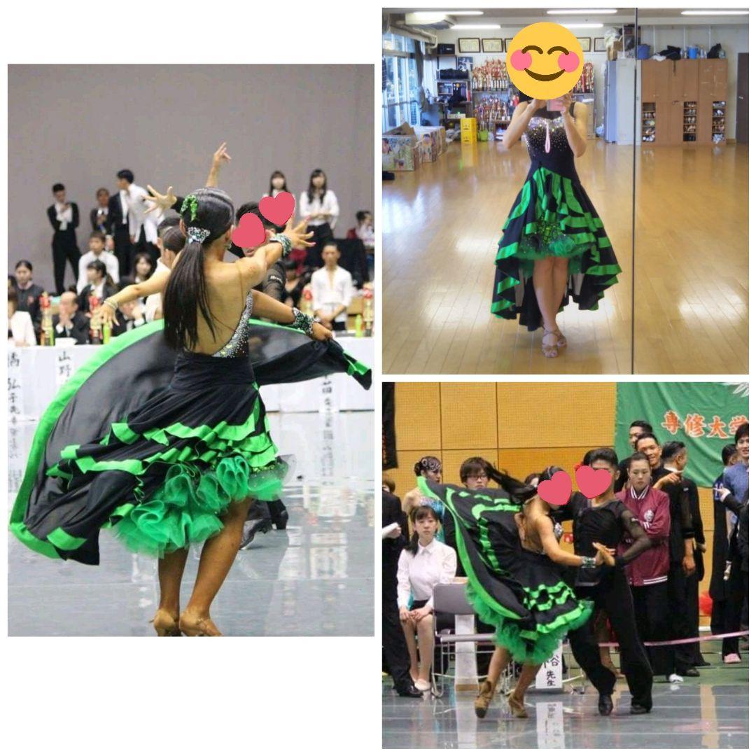 【期間限定値下げ・パソスカート有り】黒と緑のエレガントなラテンドレス