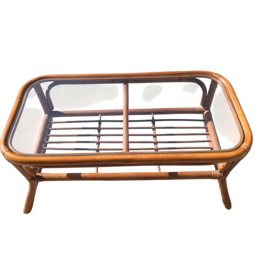 【ヴィンテージ】 ラタン 籐 ガラス テーブル 昭和レトロ