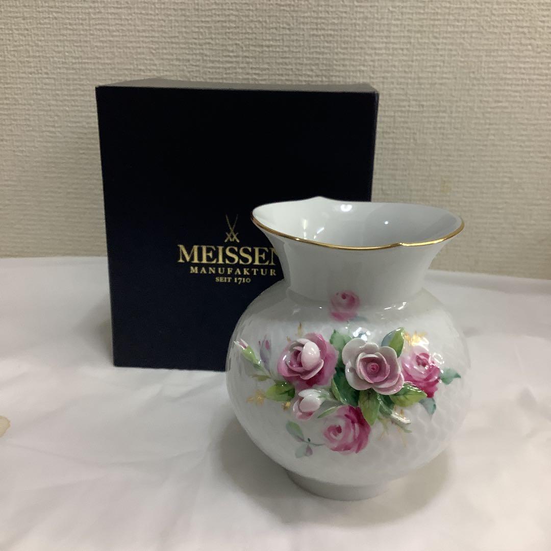 7789⑥MEISSEN バラ装飾 花瓶　波の戯れ