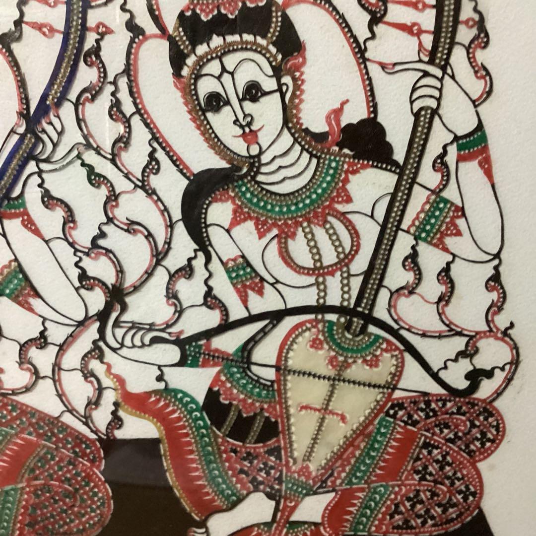 インドネシア　民芸品　布製カロチャ刺繍調　リシェリュ風カットワーク 　木枠額装