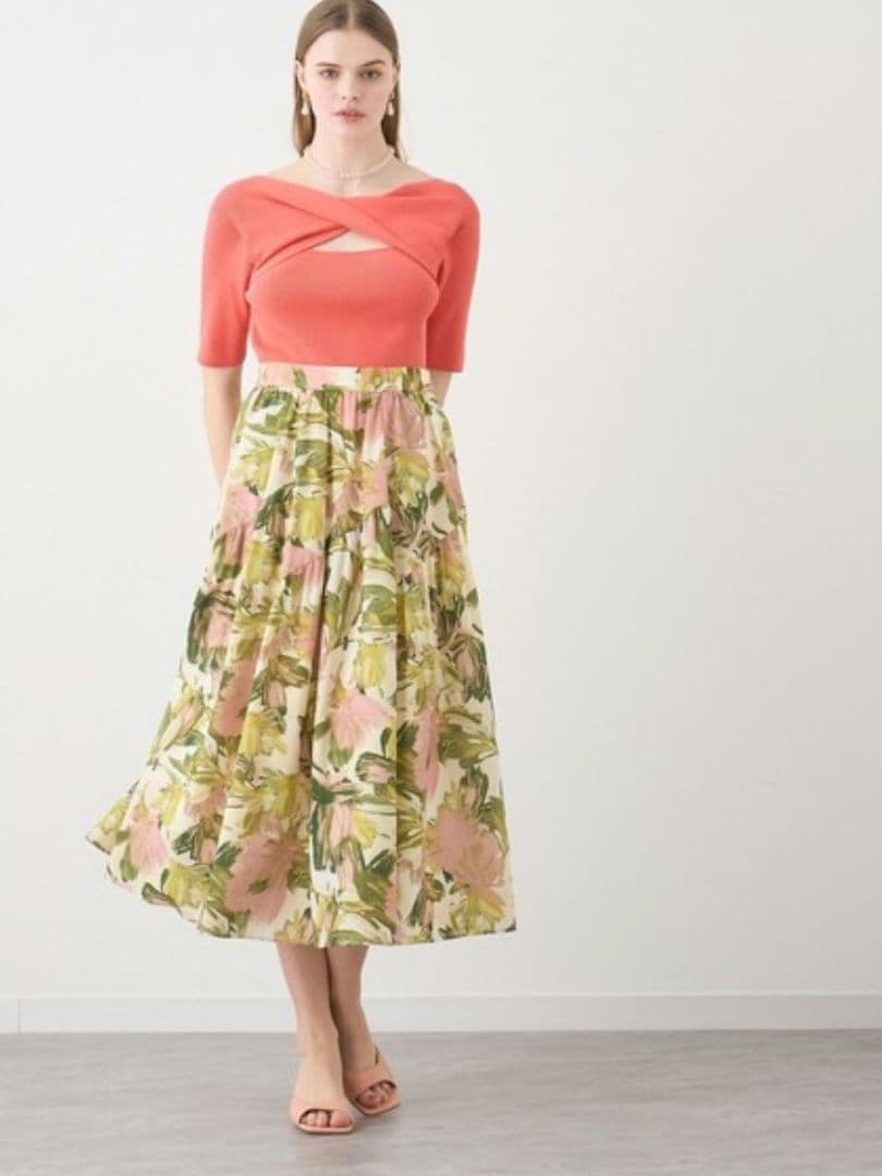 ANAYI ペイントフラワープリントティアード スカート 36