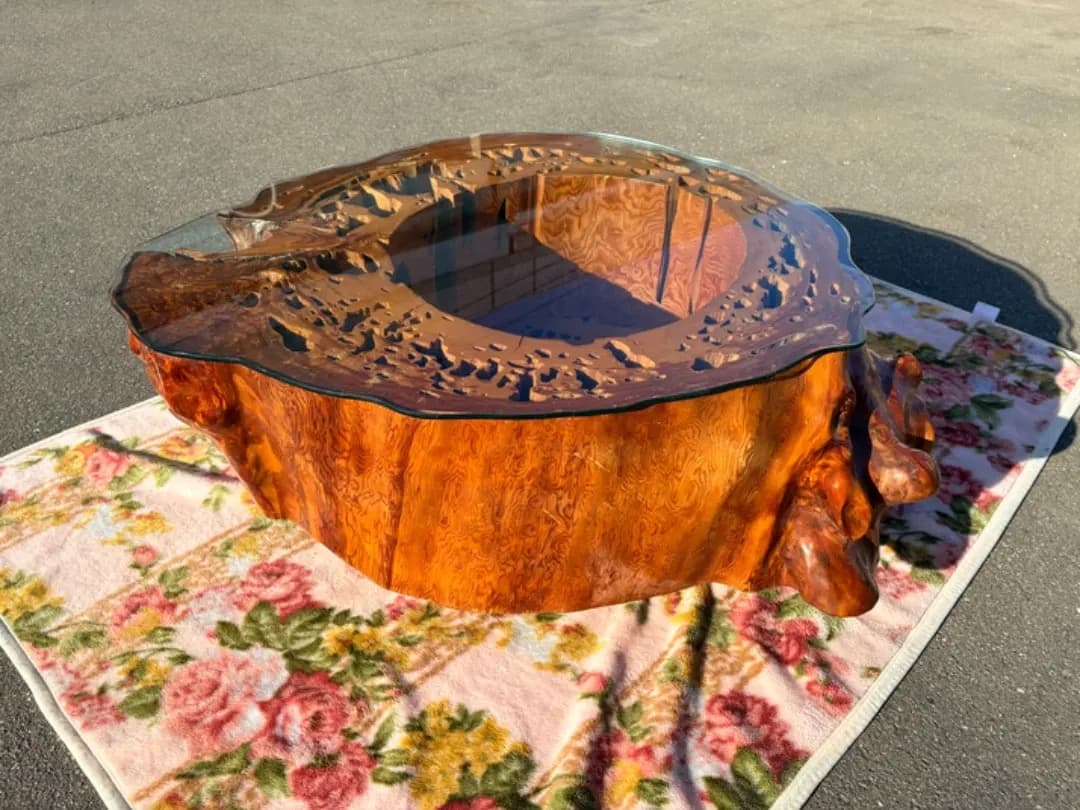 【希少】 屋久杉　センターテーブル　天然瘤　極上杢目　ガラス天板　厚さ30cm超