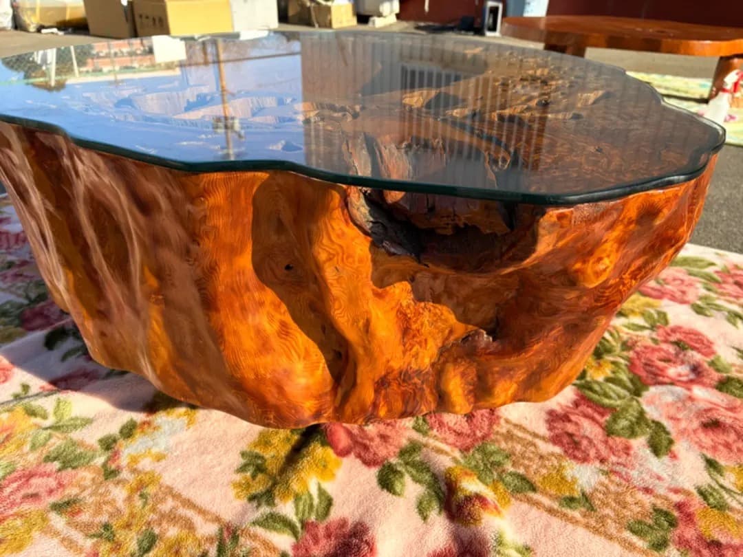 【希少】 屋久杉　センターテーブル　天然瘤　極上杢目　ガラス天板　厚さ30cm超