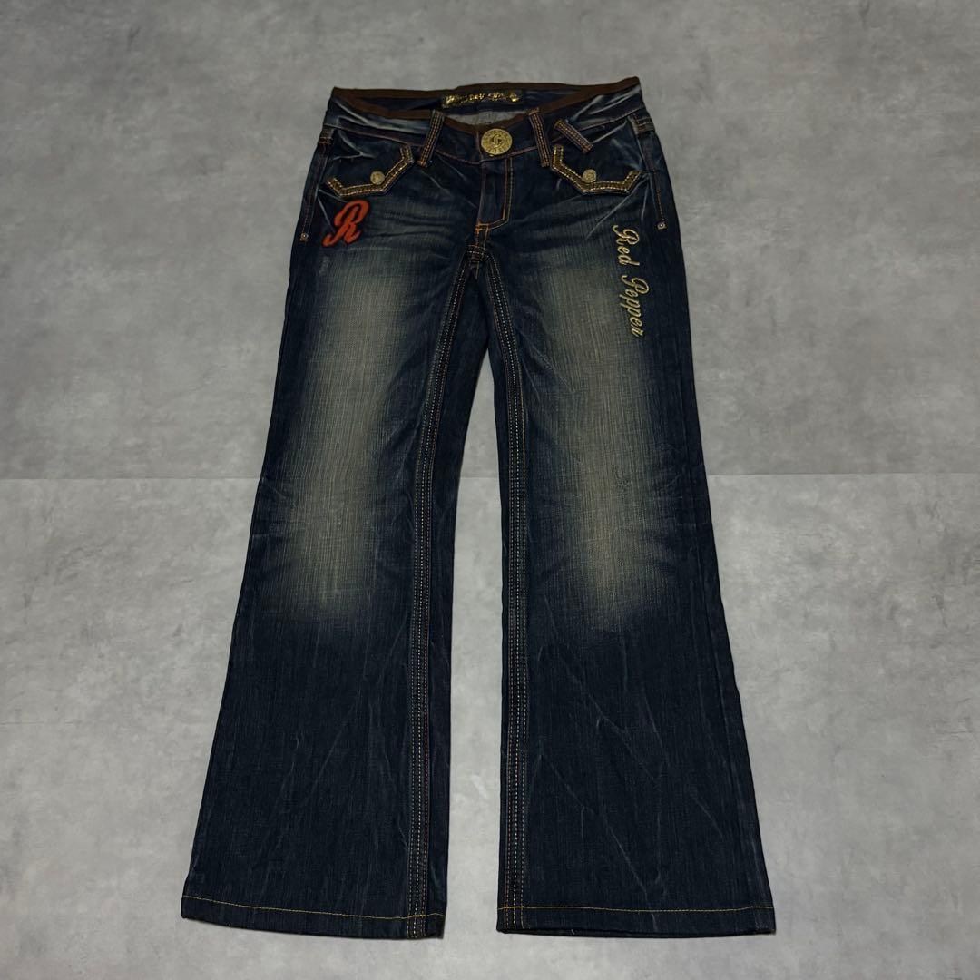 Y2K 00s ギャル レッドペッパー フレアデニム スタッズ刺繍 ヒョウ柄