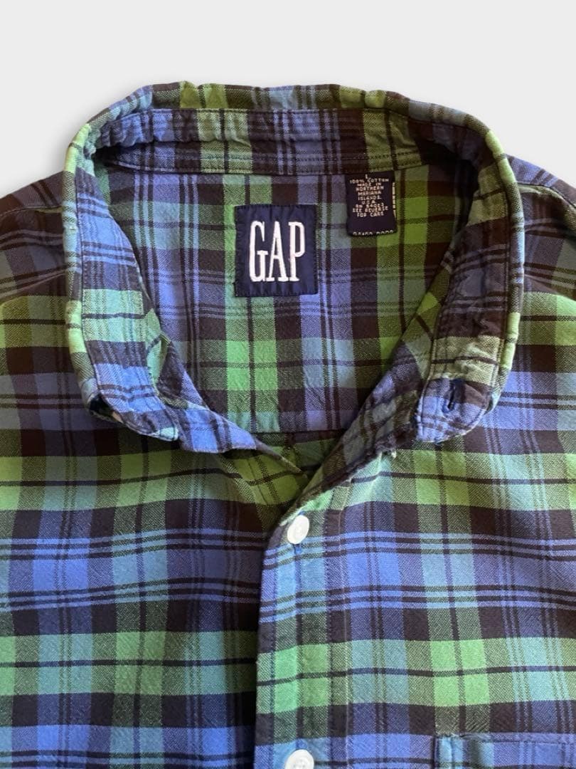 90s OLD GAP ボタンダウン チェックシャツ 長袖 緑 青 古着